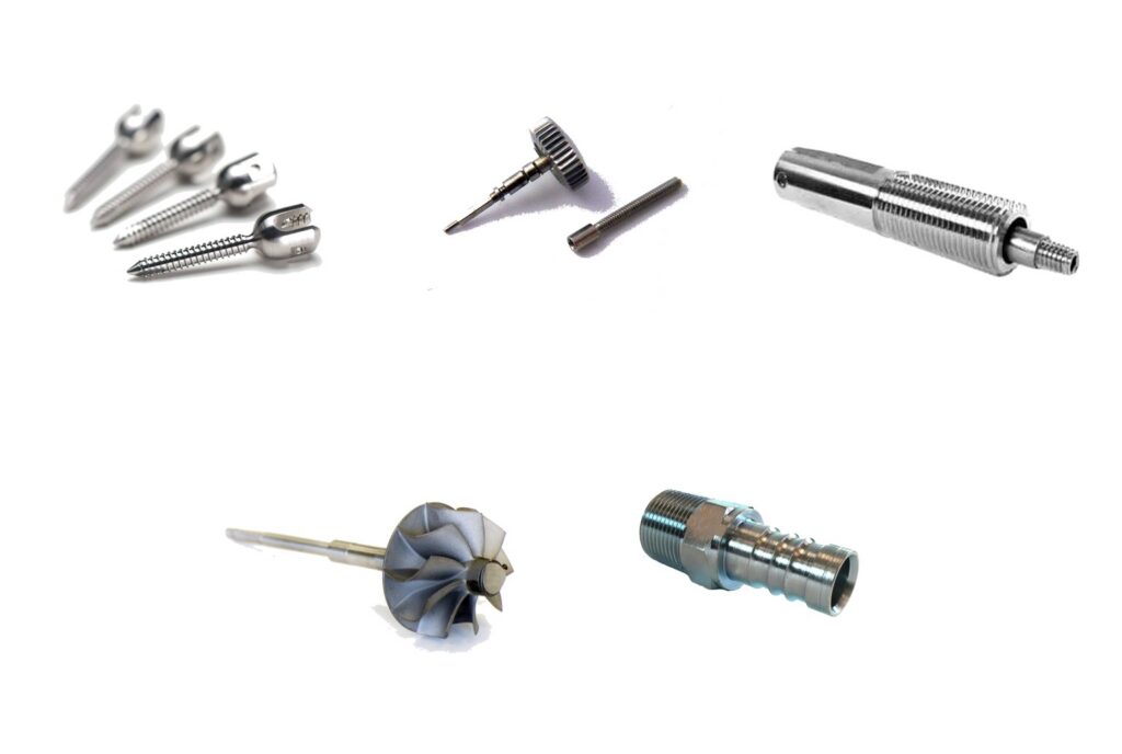 Ejemplos de piezas torneadas: implantes dentales, tornillería, ejes, álabes de turbina, válvulas, pistones y engranajes cónicos