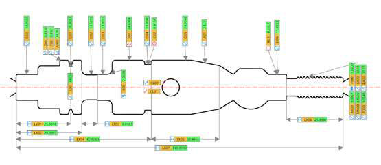 Resultado de medición dimensional con Sylvac SCAN mostrando cotas de una pieza torneada